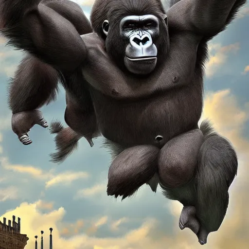 Prompt: a gorilla flying through Ancient Rome, digital art, highly detailed, trending on artstation