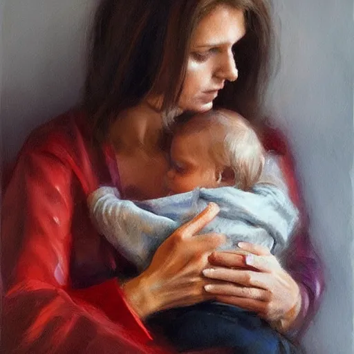 Prompt: beautiful woman cradling her child made of fire by stefan kostic, elegant, realistic, loving