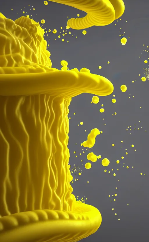 Image similar to liquid nitrogen with yellow water-cooling coolant flowing through latent representations of yellow ice caverns by centrifugal forces, computer circuitry sticking out the walls!!!!, high detail, high contrast!, low-poly elements!!!, trending on artstation, octane render, subsurface scattering, ray-tracing, 4k