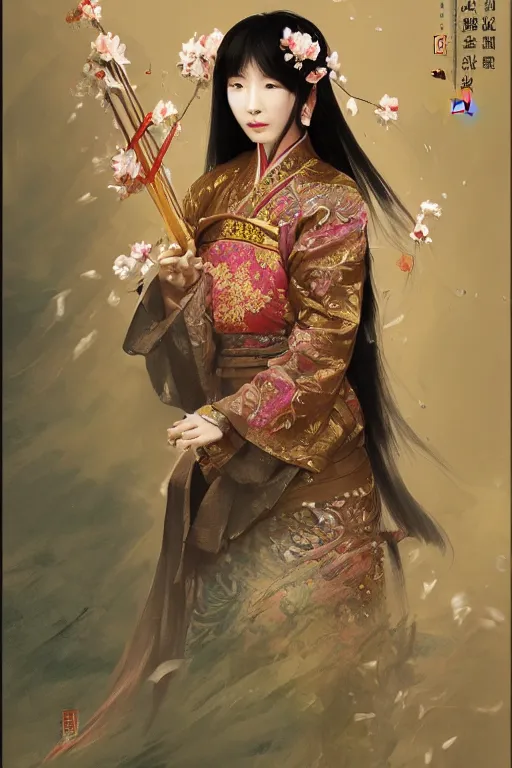 Image similar to portrait wuxia Asian heroine, holy and elite and divine, weraings Chinese costume, in forbidden City Rainning, flowers sea everywhere, ssci-fi, fantasy, intricate, very very beautiful, elegant, highly detailed, digital painting, artstation, concept art, smooth, sharp focus, illustration, art by tian zi and WLOP and alphonse mucha