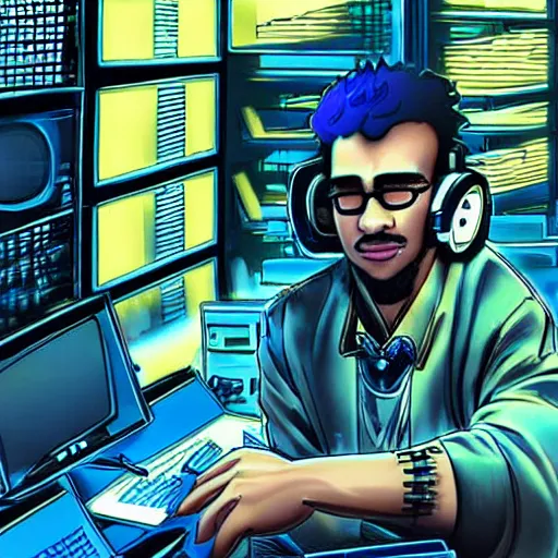 Prompt: a cyberpunk picture of a curly-haired persian guy wearing round glasses in a bright computer lab by Masamune Shirow