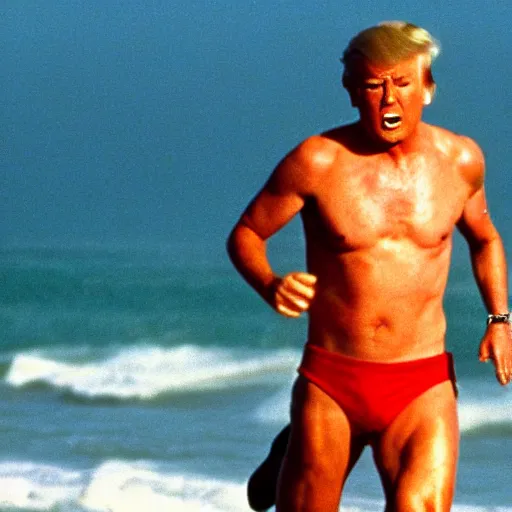 Prompt: Trump stars in Baywatch, running down beach 1980s