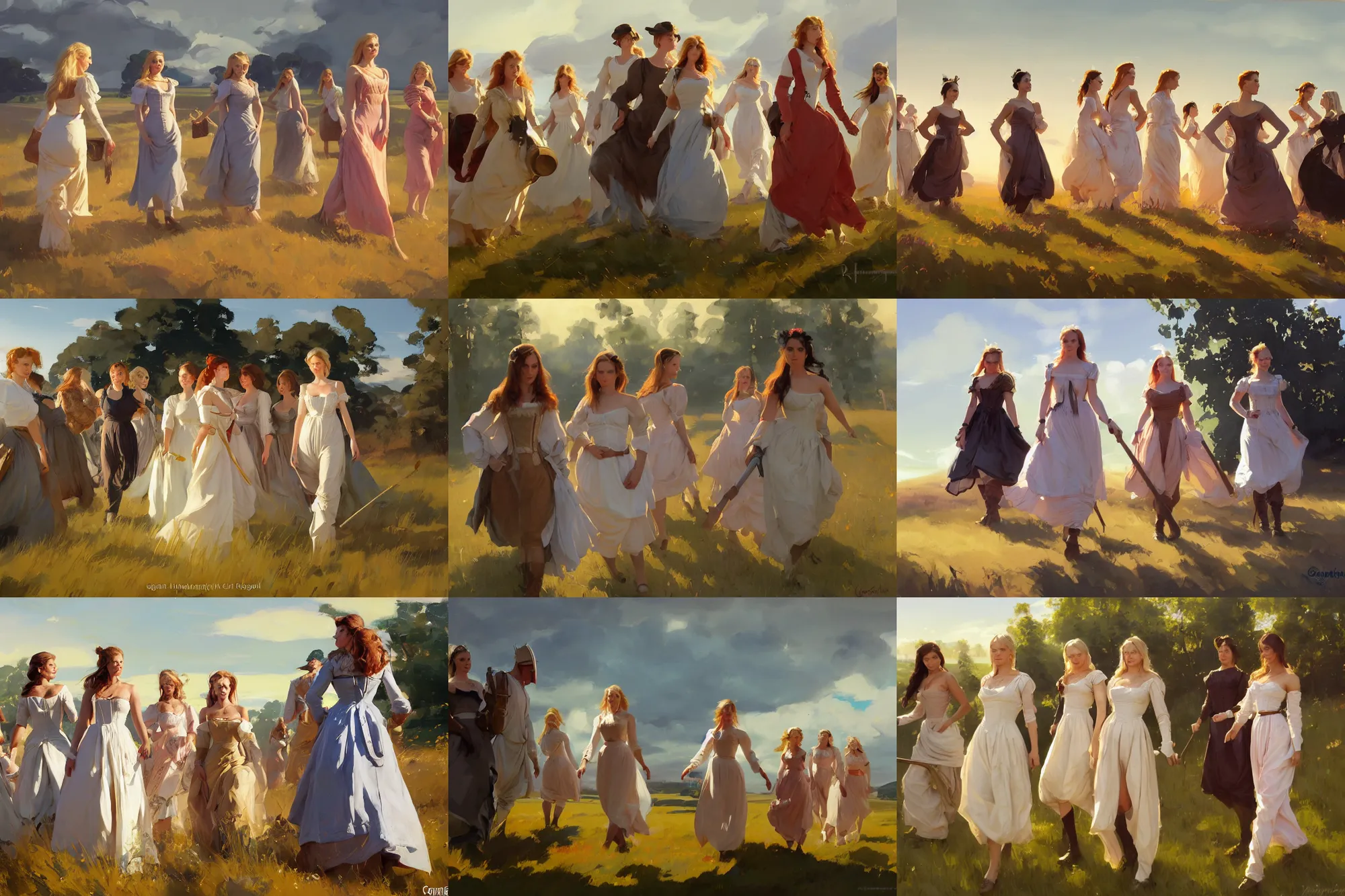 Prompt: a group of finnish norwegian swedish scandinavian attractive glamour models wearing 1 7 th century bodice with low neckline walking in the field at sunset, jodhpurs greg manchess painting by sargent and leyendecker, studio ghibli fantasy medium shot asymmetrical intricate elegant matte painting illustration hearthstone, by greg rutkowski by greg tocchini by james gilleard