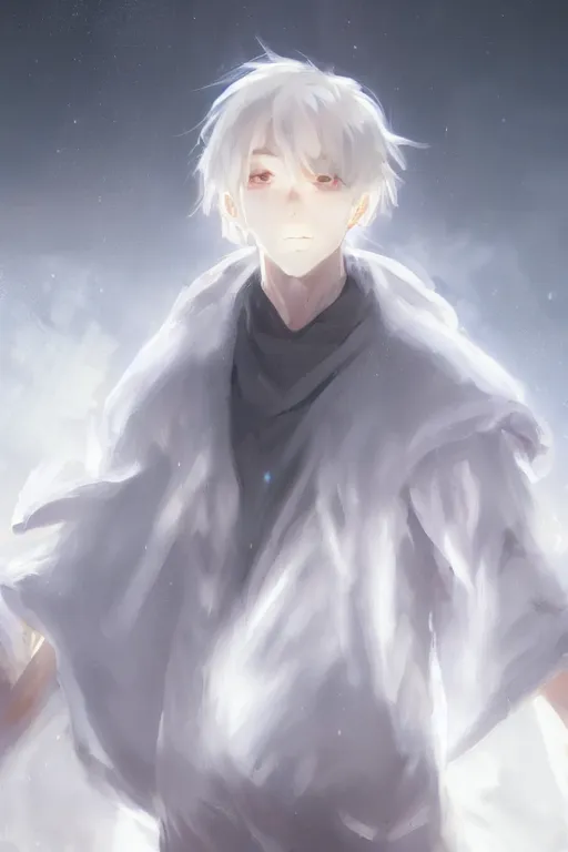 Image similar to anime young boy with short wavy white hair wearing white clothes with short cape surrounded by light orbs, moody, wlop, concept art, digital painting, trending on artstation, highly detailed, epic composition, 8 k uhd