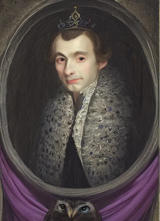 Image similar to close-up portrait of anthropomorphic owl Prince, man with a head of barn owl, glowing eyes, in a crown, soft glowing, wearing long royal robe, lilac, silver, black, bokeh, blurred space, stars, dreamy, romantic, painting in the museum, highly detailed, sharp focus, digital painting, artwork, by John James Audubon by Victor Adame Minguez by Yuumei by Tom Lovell by Sandro Botticelli