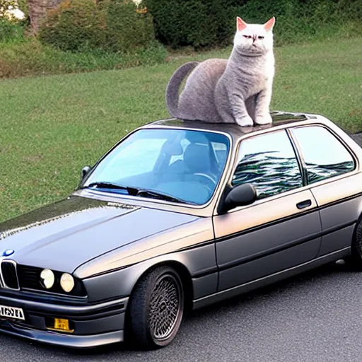 Prompt: cat with sunglasses driving bmw e 3 0 with two female cats hanging out the windows