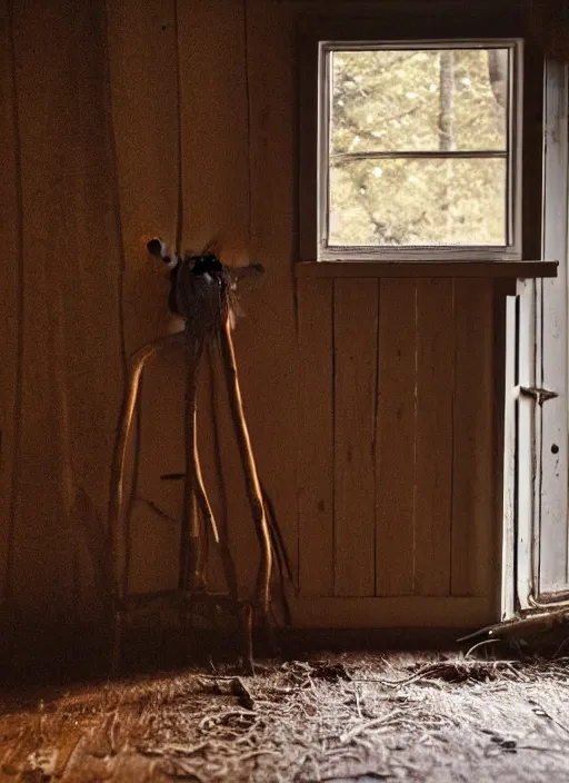 Image similar to a film production still, 2 8 mm, wide shot of a cabin interior, rooster, wooden furniture, cobwebs, spiderwebs, window light illuminates dust in the air, abandoned, depth of field, cinematic