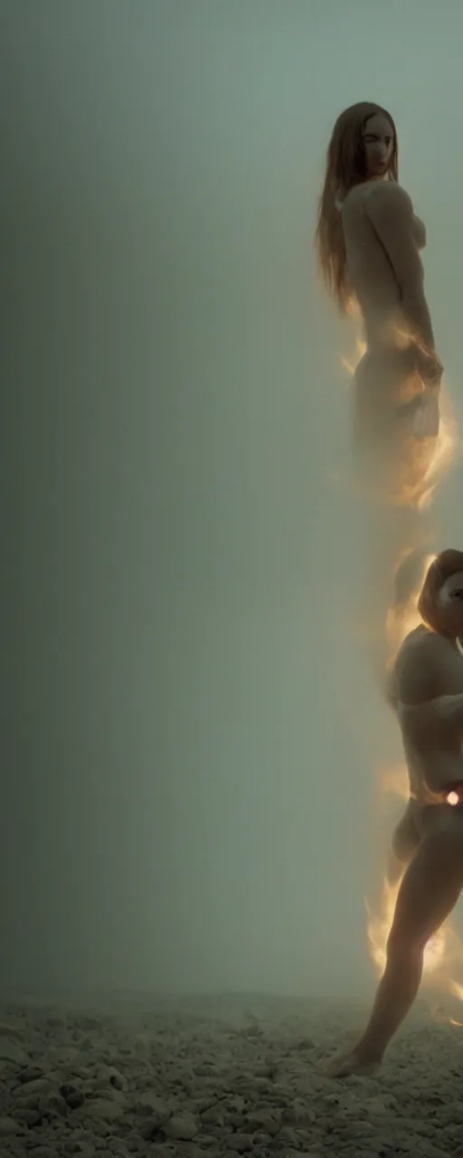 Image similar to The full body shot of beautiful pale woman with white flowers and full-face golden mask inside a thick black smoke in rocky desert landscape, glowing eyes everywhere, burning earth by Gaspar Noe and Christopher Doyle, anamorphic lens, anamorphic lens flares, kodakchrome, cinematic composition, practical effects, award winning photo, 8k