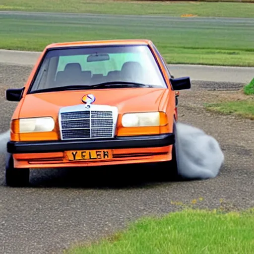 Image similar to Mercedes 190E crashing against a teletubbie