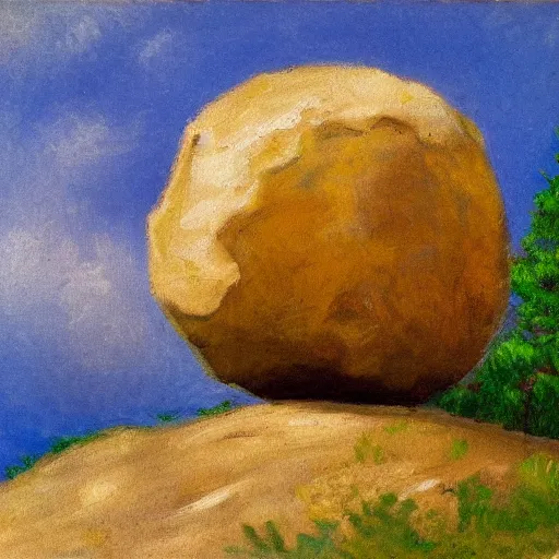 Image similar to impressionist painting of a round boulder on a pedestal smoking a cigarette, brown background