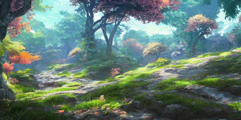 Prompt: beautiful nature environment from genshin impact, game art, in game screenshot, beautiful colors, 8 k, detailed, award winning, popular on artstation, by a famous game concept artist, anime style, nostalgic