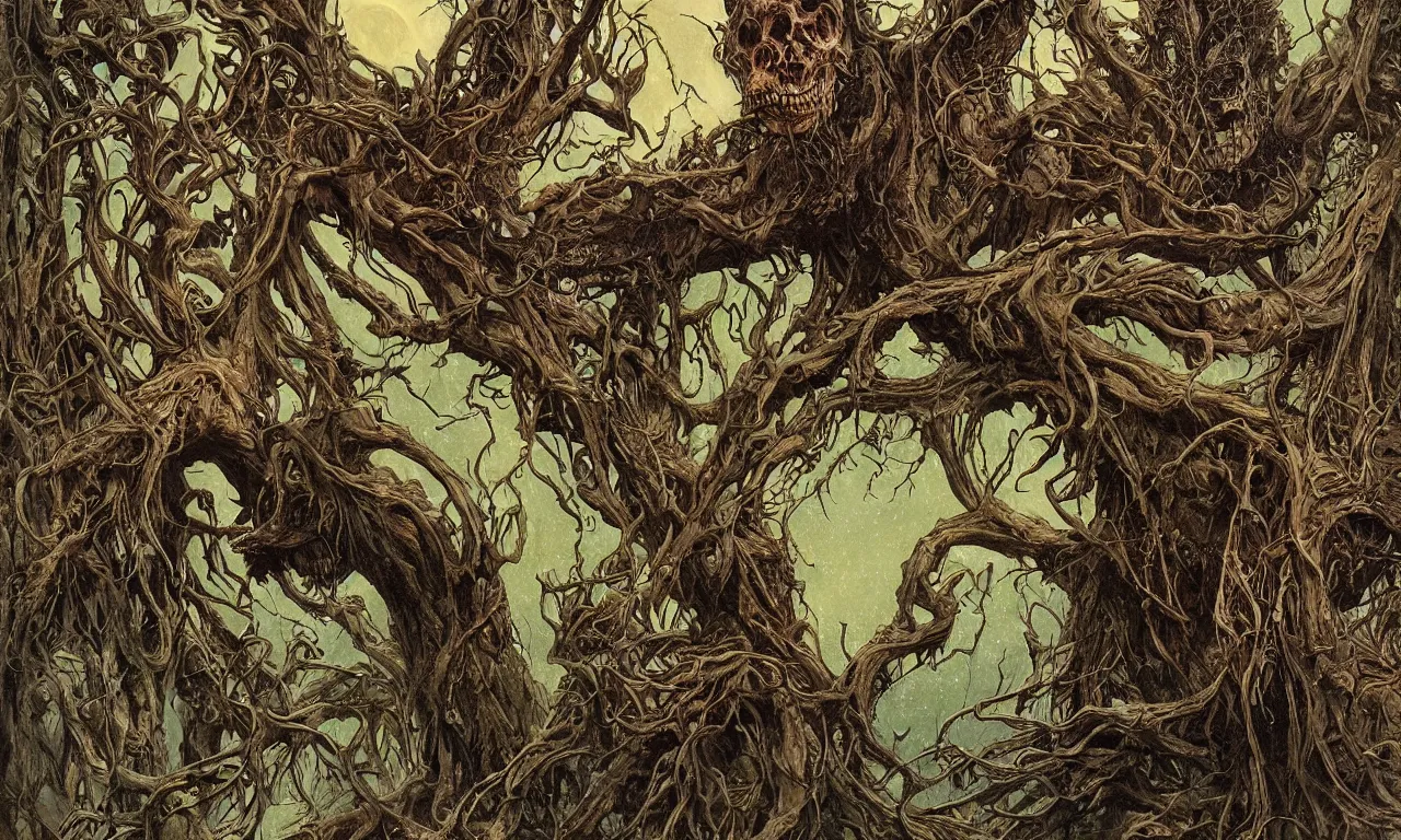 Image similar to hyperdetailed art nouveau portrait of treebeard as a chimera eyeball skull dragon monster, by micheal whelan, simon bisley and bill sienkiewicz, grim yet sparkling atmosphere, photorealism, thorns, claws, teeth, fangs, night in the forest, wild, crazy, scary, horror, lynn varley, lovern kindzierski, steve oliff