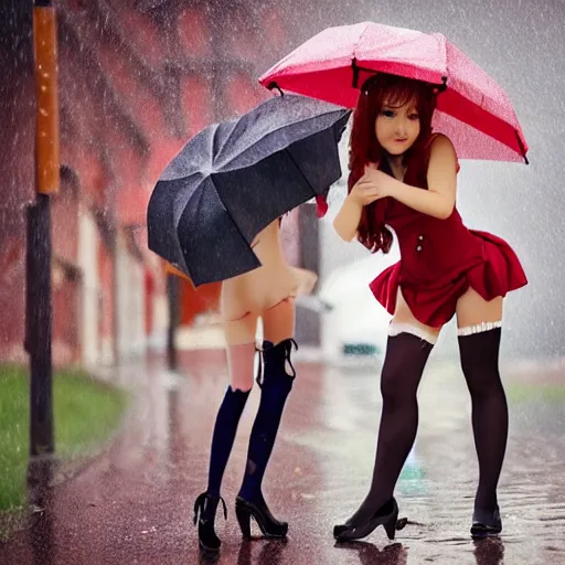 prompthunt: anime girl walks in lingerie and pantyhose in the rain with an  umbrella, red curly hair in pigtails with an elastic band, rain, full HD, 8k