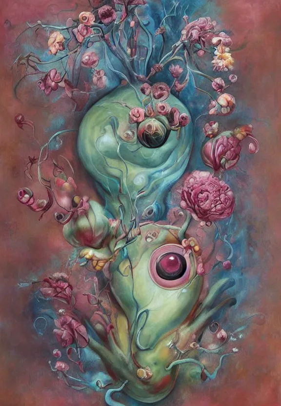 Image similar to a biomorphic painting of a vase with flowers and eyeballs in it, a surrealist painting by Marco Mazzoni, by Dorothea Tanning, pastel blues and pinks, featured on artstation, metaphysical painting, oil on canvas, fluid acrylic pour art, airbrush art, seapunk, rococo, lovecraftian