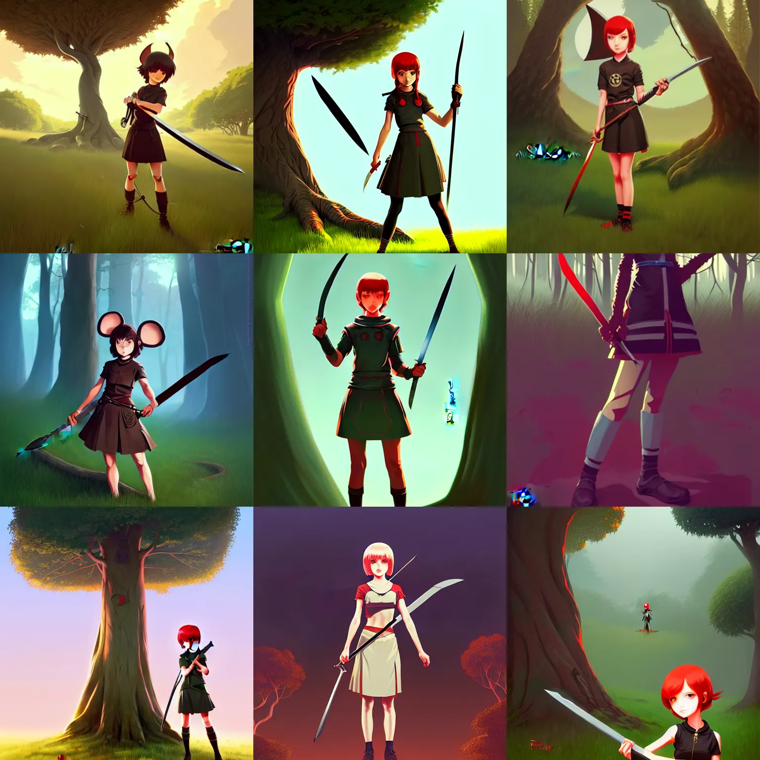 Prompt: mouse girl with sword and shield, fury female, tall root tree background, concept art, by ilya kuvshinov, greg rutkovski