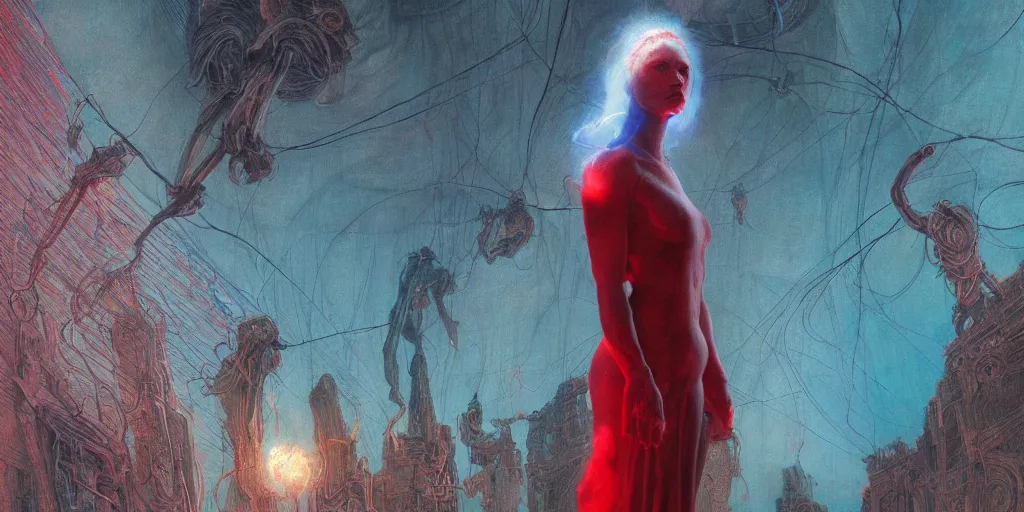 Image similar to Portrait Masterpiece, Wanda Maximoff, furious, red and cyan, glowing, wires everywhere, by Edgar Maxence and Ross Tran, Zdzisław Beksiński, and Michael Whelan, distant, gustav dore, H.R. Giger, 8k, octane render