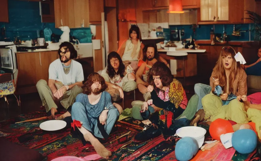 Image similar to a very 60's hippy style apartment party, 35mm,Epic,cinematic