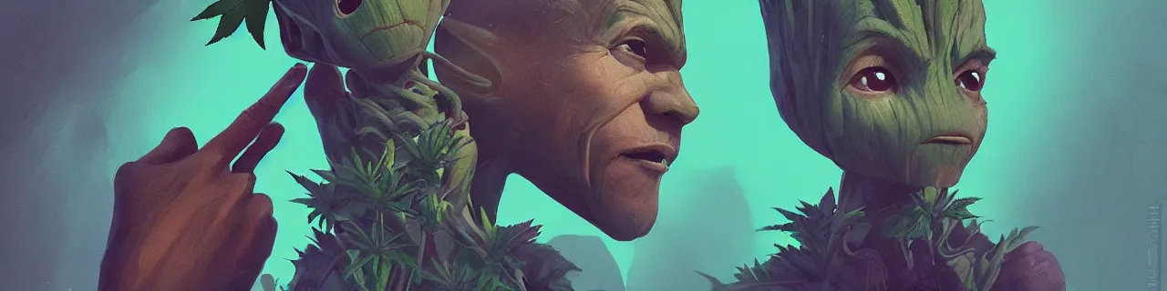 Image similar to duotone concept illustration 3 / 4 portrait face of marijuana, baby groot, cannabis, cinematic volumentric lighting, jim cheung, david marquez, mike deodato jr, ilya kuvshinov, makoto shinka, behance hd by jesper ejsing, by rhads, hyper detailed, octane render, concept art, artstation