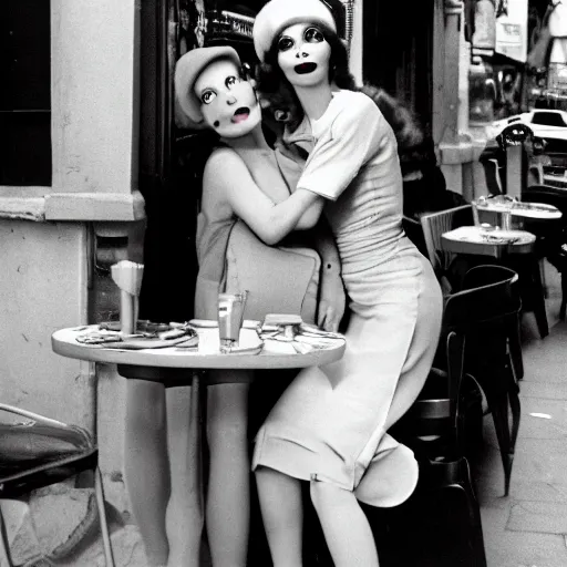 Image similar to professional archival photo of a glamorous woman and her friend, a puppet that looks like Caspar the Friendly Ghost, in a sidewalk cafe in paris, wearing berets, 16mm film soft color, earth tones and some primary colors 1976, archival footage, in style of doris wishman russ meyer, woman looks like sofia loren