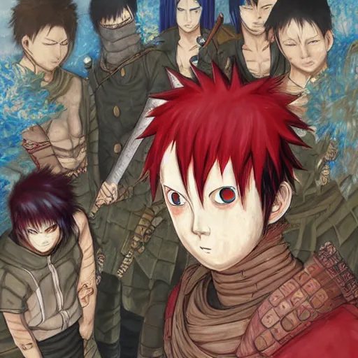 Prompt: Gaara Narutopunk Oni Shinobi at the gates of Tartarus Sand Crest Ninja Warrior Portrait Portrait Wearing Red Ninja-Yoroi uta natsume inio asano naoko takeuchi shotaro ishinomori Max Ernst Rossdraws Ryan Gitter Ilya Repin Final Fantasy Cover Art