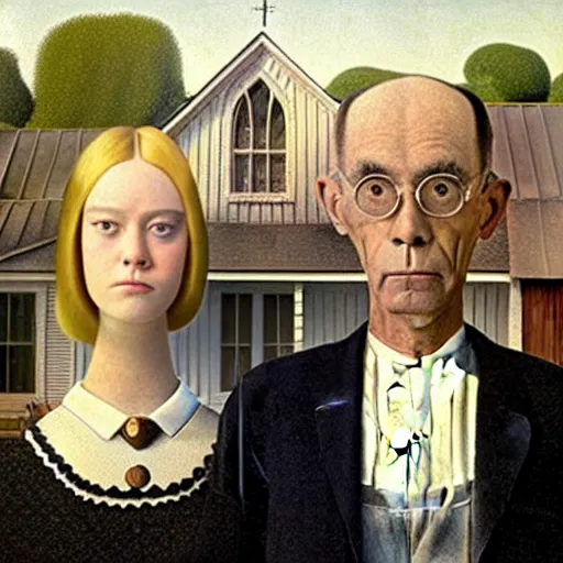 Prompt: Painting of Elle Fanning and Dakota fanning, American gothic style, by Grant Wood. 8K. Extremely detailed.