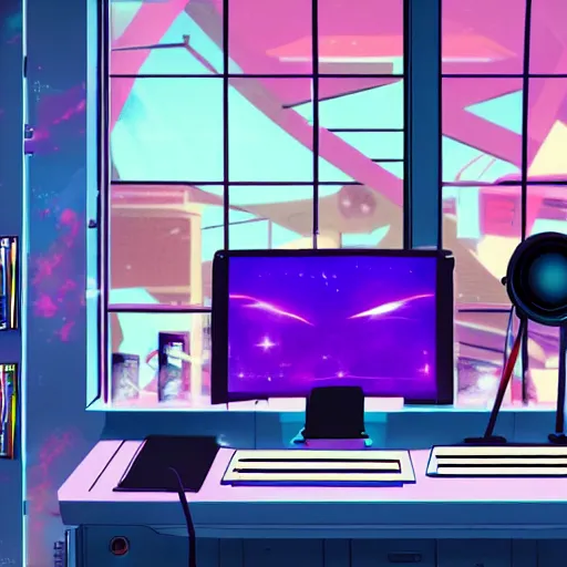 Image similar to An anime character working in their music studio. 90s anime, Sailor Moon, VHS, official art, flat cell shading, fantastic screenshot, trending on artstation