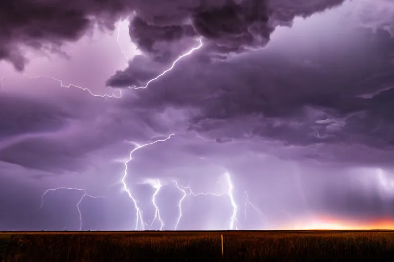 Image similar to a photograph of a tornado, thunderstorm, lightning bolts, illuminated from various angles by the setting sun, cinematic, dramatic lighting, mystic hue