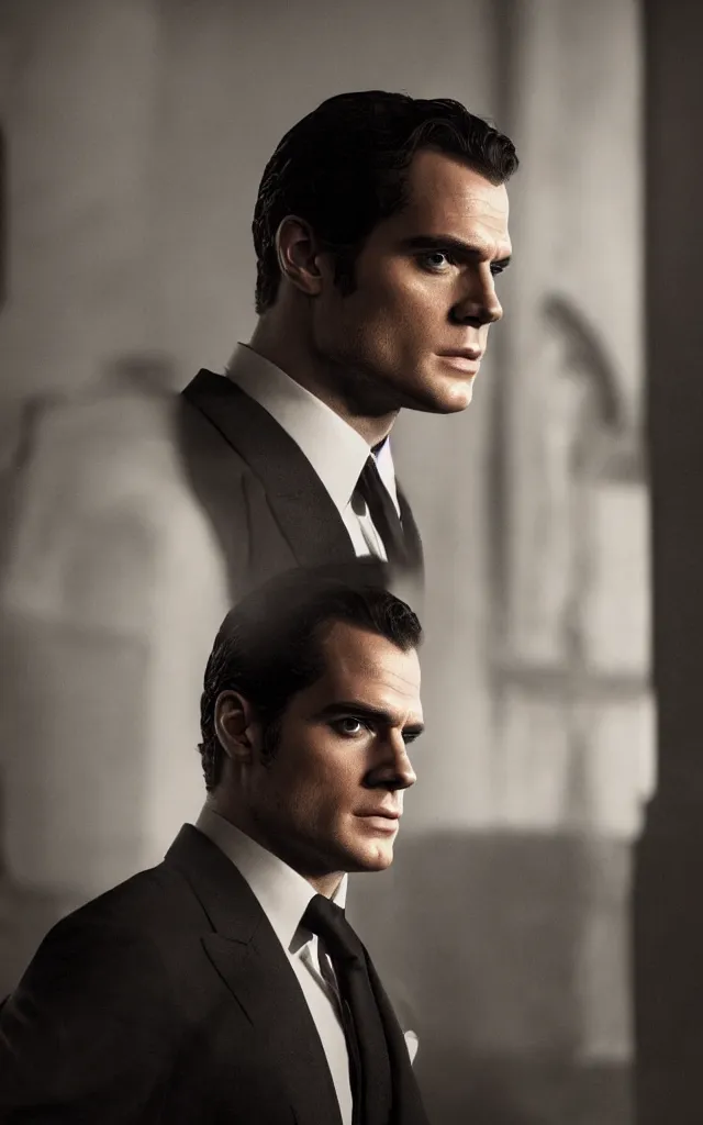 Image similar to henry cavill in the role of james bond, by barret frymire, cinematic, moody lighting, cinematic lighting
