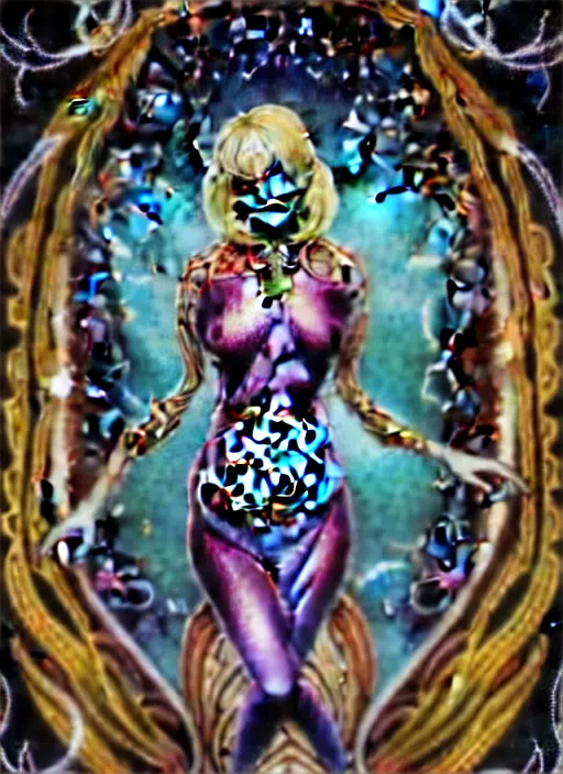 Prompt: blonde girl in a cosmic dress, full-body tattoos, ornate, rococo, grotesque, zbrush art, majestic, organics, silver filigree, colorful, dark fantasy, celtic knot, anatomical, HR, giger style, moebius, frank frazetta, ornate, art nouveau, symmetrical, turquoise jewelry, red smoke, roses, unbiased render, rotten, Emil melmoth, eerie, macabre, haunting + insanely detailed and intricate, floral, faded pink, hypermaximalist, elegant, vintage, hyper realistic, super detailed, pastel colors, 8K, octane render, 8k,