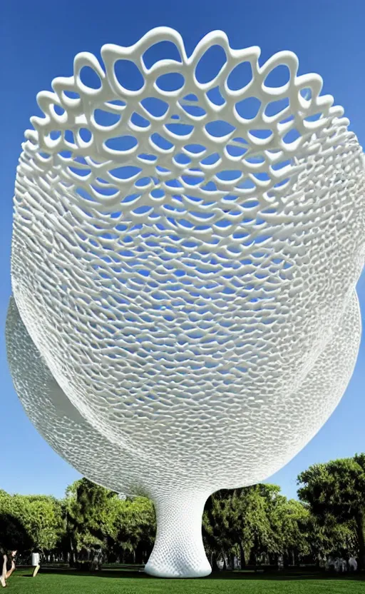 Prompt: elegant white art 3 d printed parametric installation with playful surreal tall lemon groves, urban playground, fluidity, vincent callebaut, mamou - mani, voronoi pavilion with huge white magnolias above