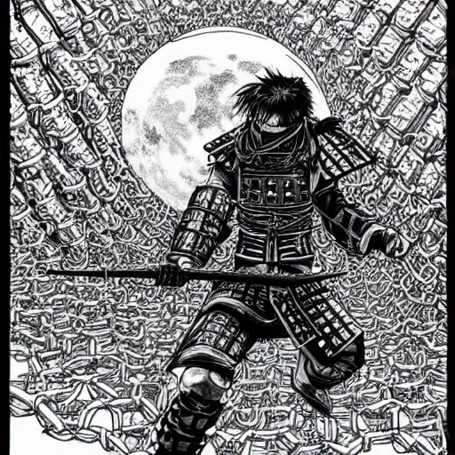 Image similar to samurai cyberpunk under a full moon wrapped in chains ,ink art In the style of Moebius drawing