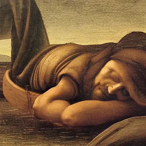 Image similar to Oil painting by Leonardo da Vinci of a Human Rights Watch employee sleeping on an inflatable raft in the ocean