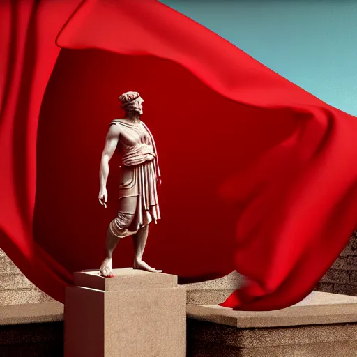 Image similar to a roman statue covered by red cloth that's blowing in the wind, digital art, concept art, cloth simulation with houdini, octane, redshift, 8 k