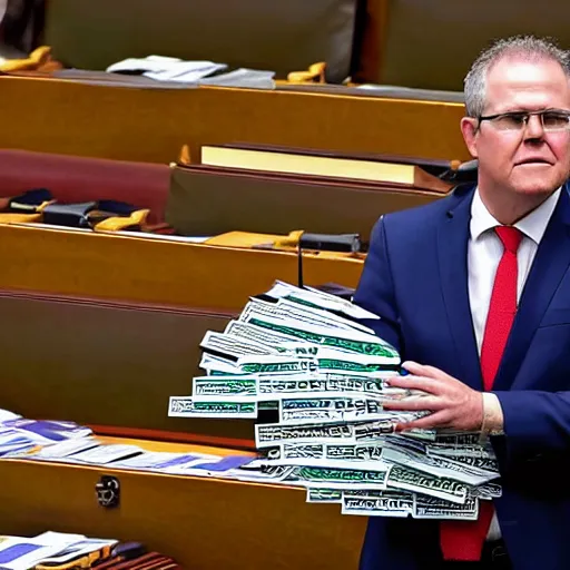 Prompt: highly detailed photo of scott morrison in parliament hoarding a huge pile of name tags from other politicians, symmetrical face, 8 k, tilt - shifted image, news media photography