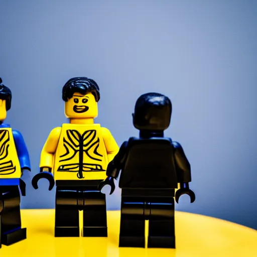 Prompt: macro photo of lego figure of angry men in black Adidas tracksuit