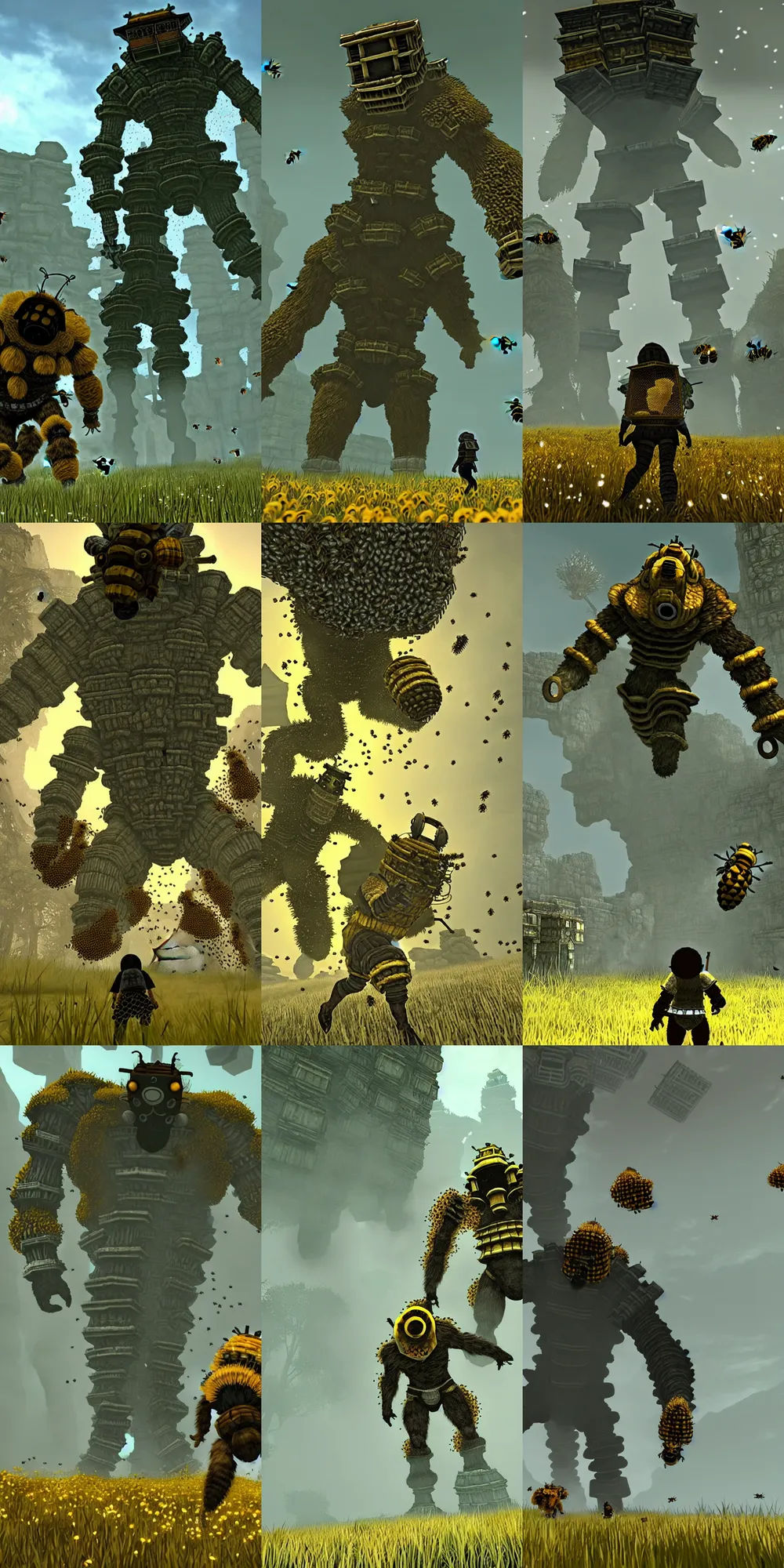 Prompt: screenshot, shadow of the colossus covered in bees, beekeeper