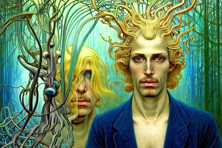 Image similar to realistic detailed portrait painting of a beautiful ghost man with blond hair with an alien, futuristic sci-fi forest on background by Jean Delville, Amano, Yves Tanguy, Alphonse Mucha, Ernst Haeckel, Edward Robert Hughes, Roger Dean, rich moody colours, blue eyes