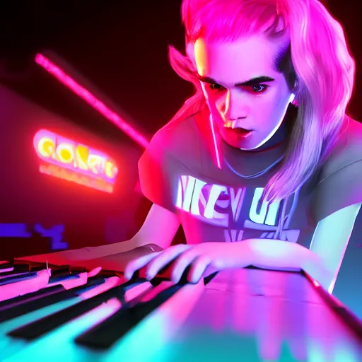 Prompt: grimes on stage djing, volumetric neon lights in the background, gleaming, 3 5 mm photography, portrait!!!!!!, trending on artstation, 4 k, 8 k, zbrush, mannerism