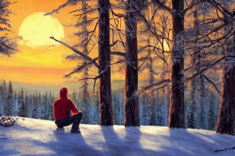 Prompt: ryan church jon mccoy concept art mood painting man sitting in tree winter watching beautiful december sunrise detailed forest