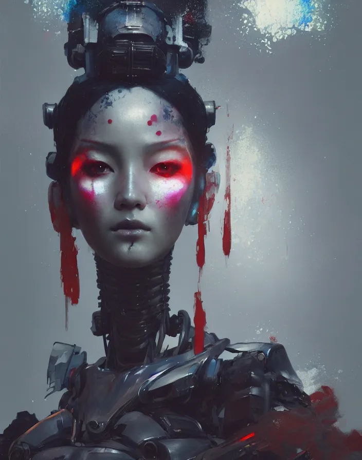 Image similar to portrait of a geisha robot by greg rutkowski and ruan jia, mecha, washed colors, dark, gloomy, matte painting, unreal engine 5