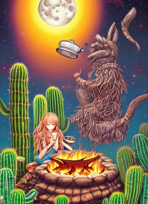 Image similar to richly detailed colored pencil 3 d illustration spartan drinking tea at campfire with trichocereus background and smoke haze full moon ayahuasca peyote art by range murata and artgerm