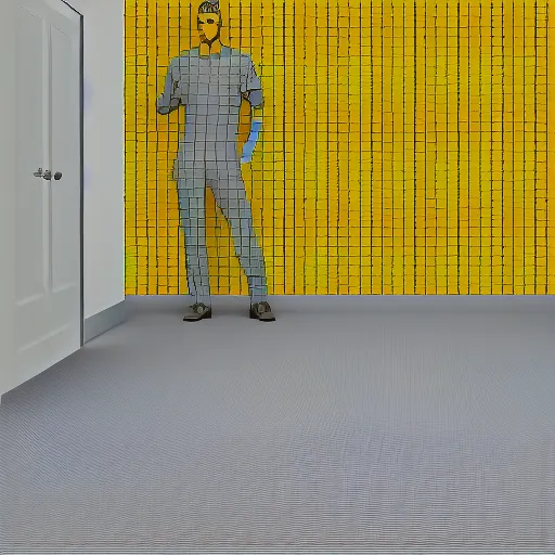 Image similar to 3 d render of jerma 9 8 5, jerma in a liminal space, non - euclidean space, office space, worn mono - yellow wallpaper, old moist carpet, inconsistently - placed fluorescent lighting, high octane, blender, 3 d render