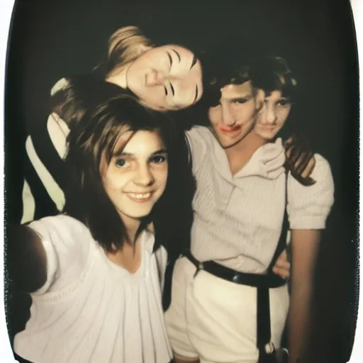 Image similar to selfie French teenagers in the 80's, flash color polaroid, detailed