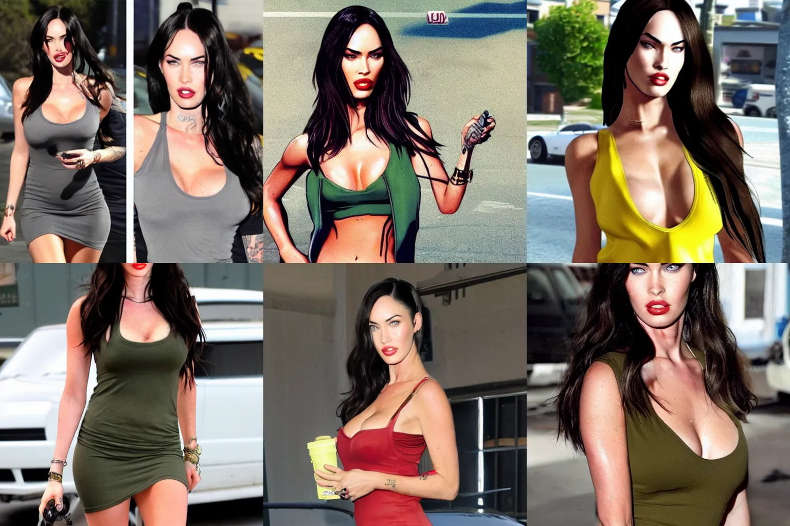 Prompt: Megan fox in the style of GTA, grand theft auto, low cut top, short dress, large breasts