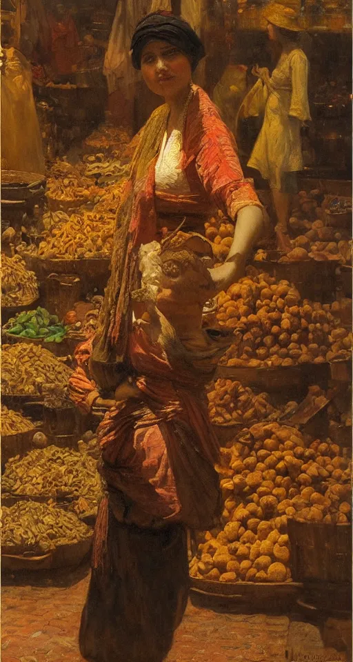 Prompt: young woman standing in a spice market at night by theodore ralli and nasreddine dinet and anders zorn and nikolay makovsky and edwin longsden long, oil on canvas, masterful intricate artwork, excellent lighting, high detail 8 k