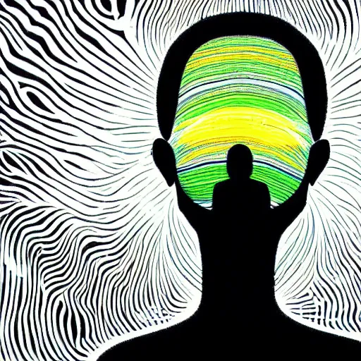 Prompt: A psychedelic art of a meditating person. A point of white light shines through his forehead. Person's aura is of pure white light, abstract art.