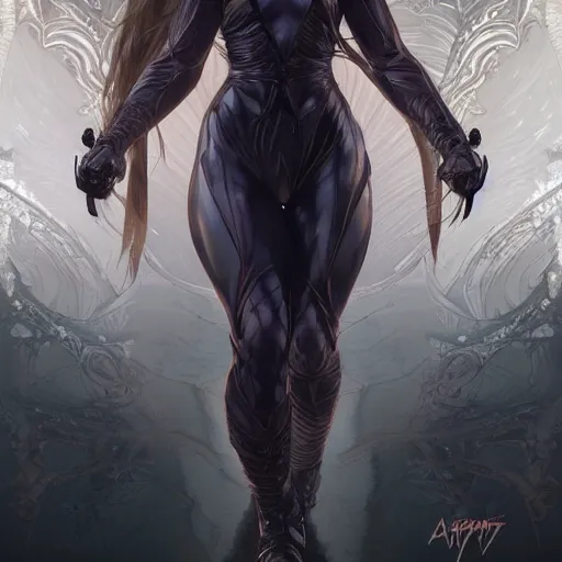 Prompt: character concept, portrait, symmetrical head - on centralized, young woman with dark ninja clothes. detailed, high quality, dynamic lightning, fantasy, scenematic. artwork by artgerm, wlop, alex ross, greg rutknowski, alphonse mucha