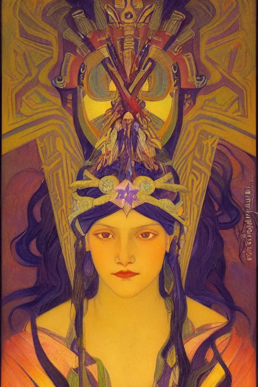 Image similar to queen of twilight with stars in her hair by Nicholas Roerich and Annie Swynnerton and Diego Rivera and jean delville, dramatic cinematic lighting , ornate headdress , flowing robes, sacred artifacts, lost civilizations, smooth, sharp focus, extremely detailed