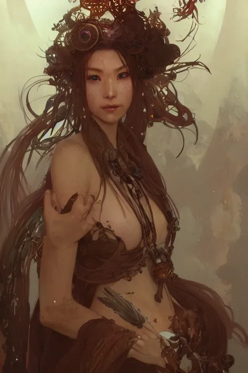 Image similar to A full portrait of a beautiful terrible dystopian junktown Japanese necromancer sorcerer enchanter, intricate, elegant, highly detailed, digital painting, artstation, concept art, smooth, sharp focus, illustration, art by Krenz Cushart and Artem Demura and alphonse mucha