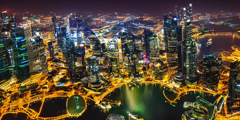 Image similar to futuristic singapour view at night from a plane, hdr